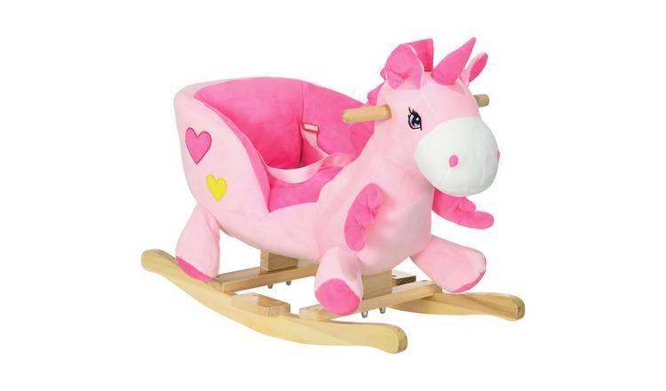HOMCOM Plush Unicorn Songs Wooden Base Seat Belt Toddler Rocking Horse - Pink