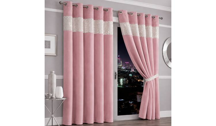 New Edge Blinds Dusky Pink Diamante Blackout Eyelet Curtains - 167cm x 229cm