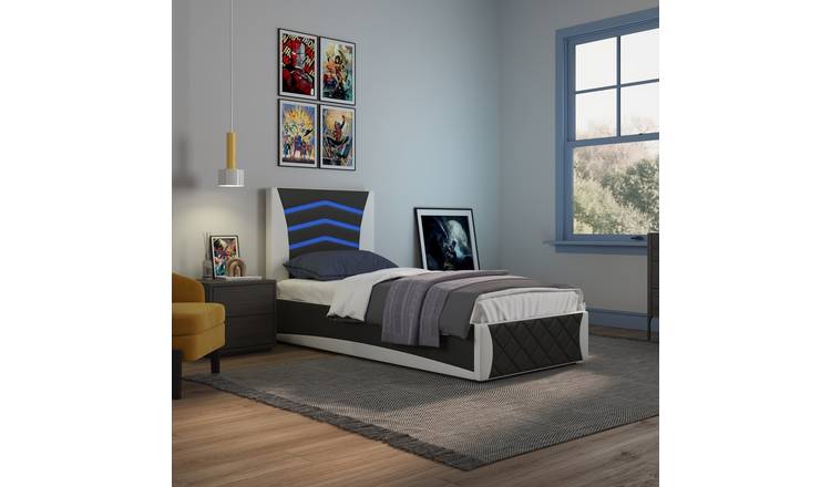 Slumberworks Galaxy Ottoman LED Single Bed Frame & Mattress- Black And White