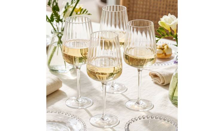 Dibor Set of 4 Glass Ribbed White Wine Glasses - Clear