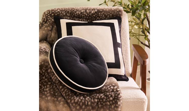 OHS Round Shaped Velvet Scatter Cushion - Black/Cream - 40cm