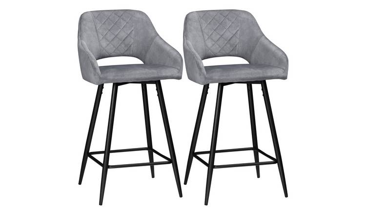 HOMCOM Set of 2 Velvet-Touch Fabric Bar Stools with Steel Legs for Dining - Grey