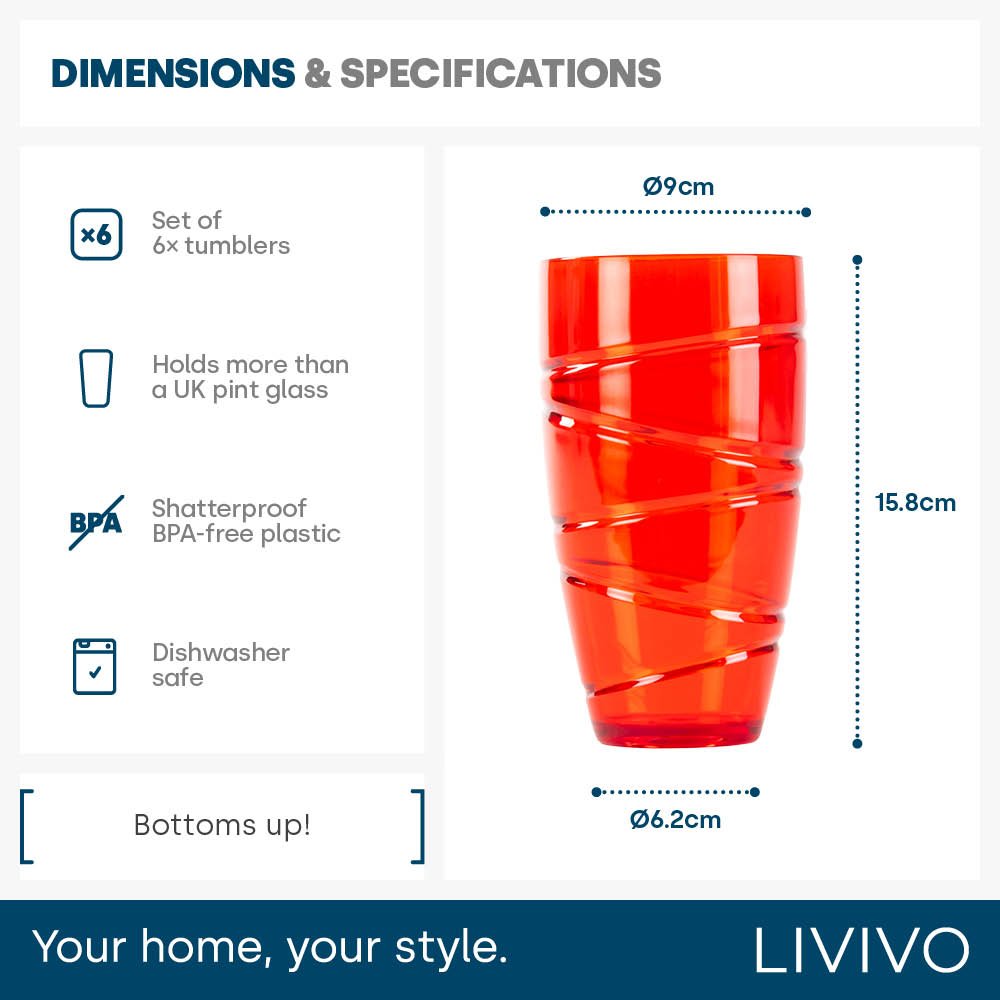 LIVIVO Set of 6 Swirl Design Plastic Tumblers - 600ml - Multicolour - Image 6