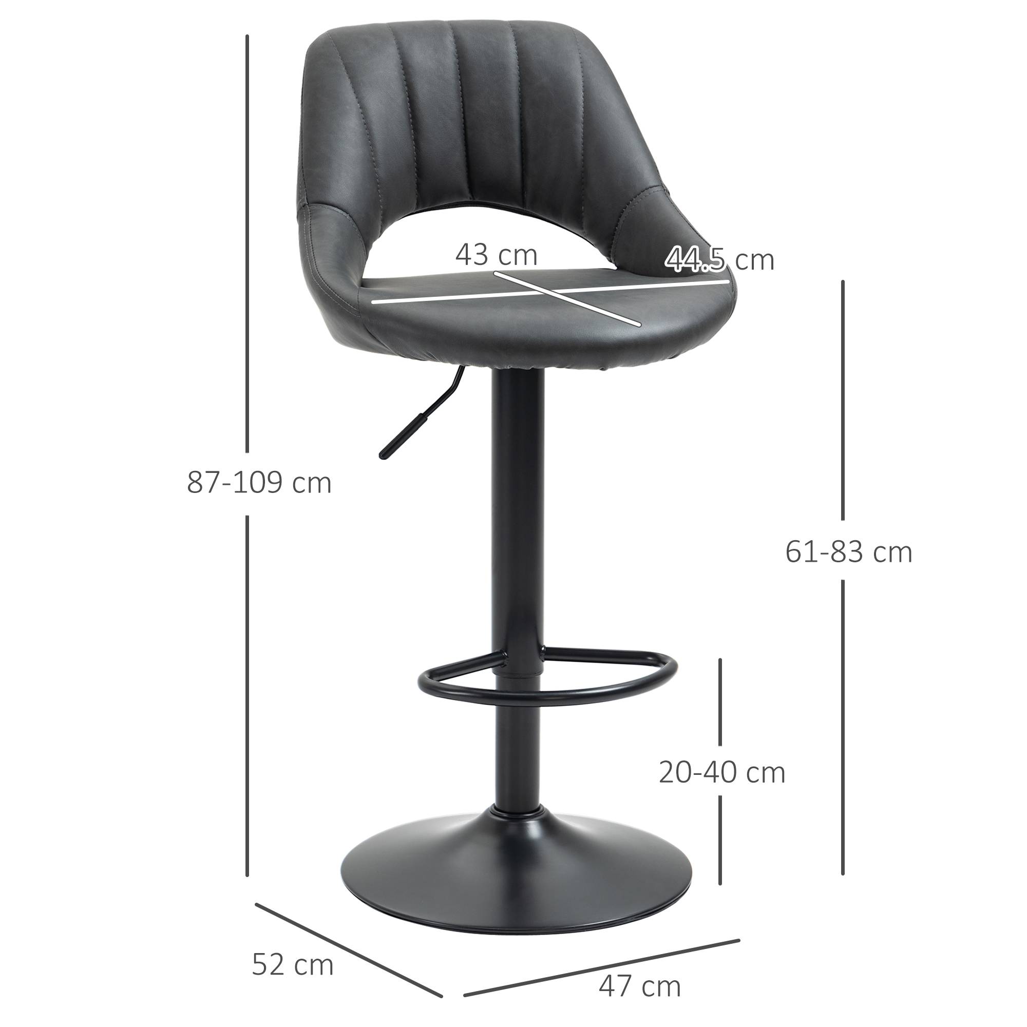 HOMCOM Set of 2 PU Leather Bar Stools with Adjustable Heigh and Footrest - Grey - Image 8
