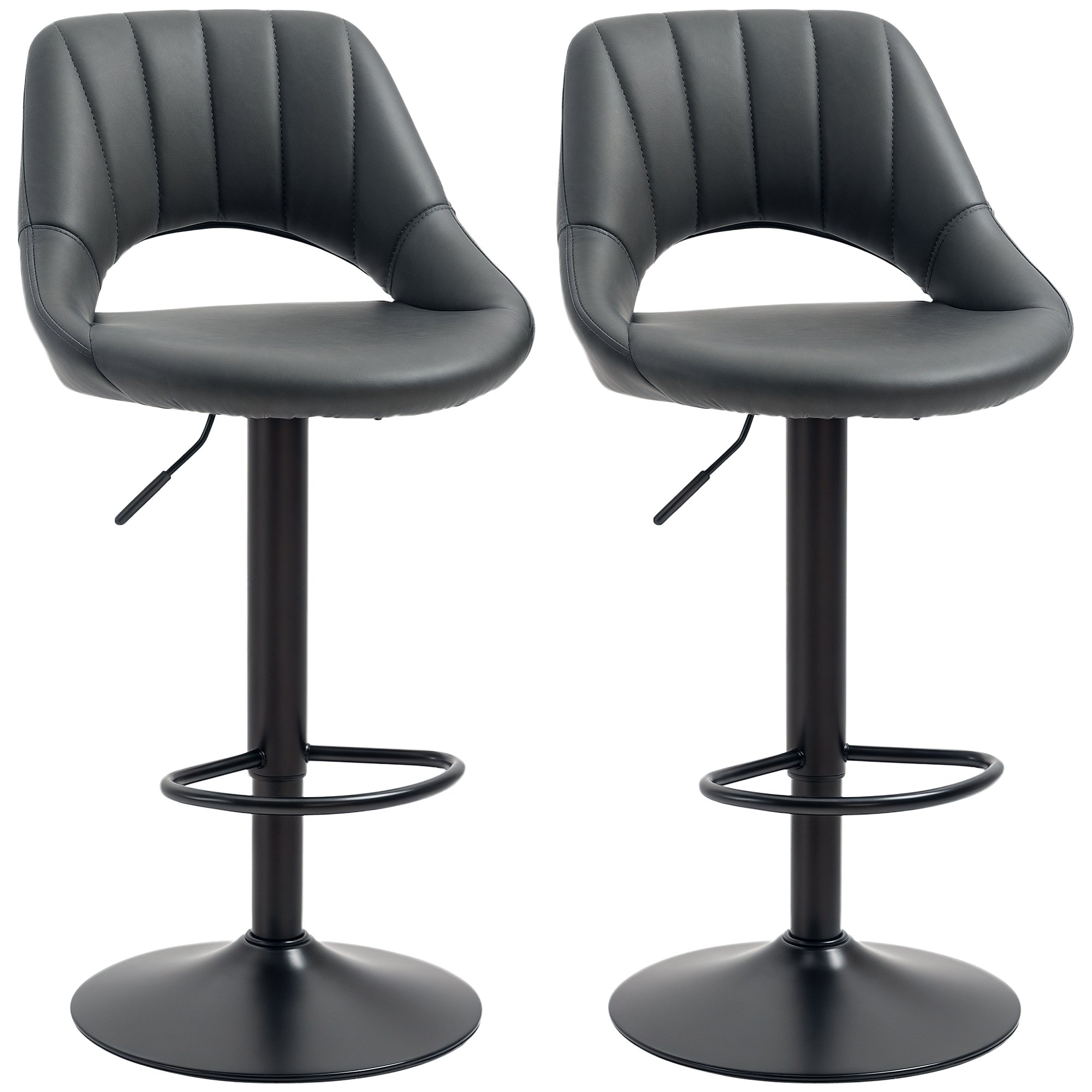HOMCOM Set of 2 PU Leather Bar Stools with Adjustable Heigh and Footrest - Grey - Image 1