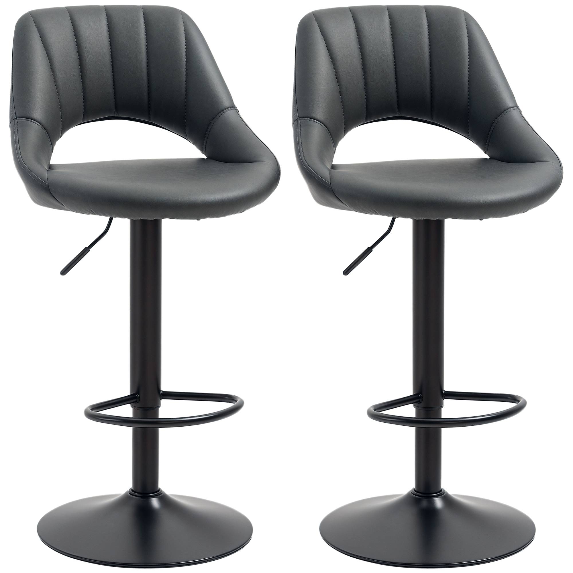HOMCOM Set of 2 PU Leather Bar Stools with Adjustable Heigh and Footrest - Grey - Image 1