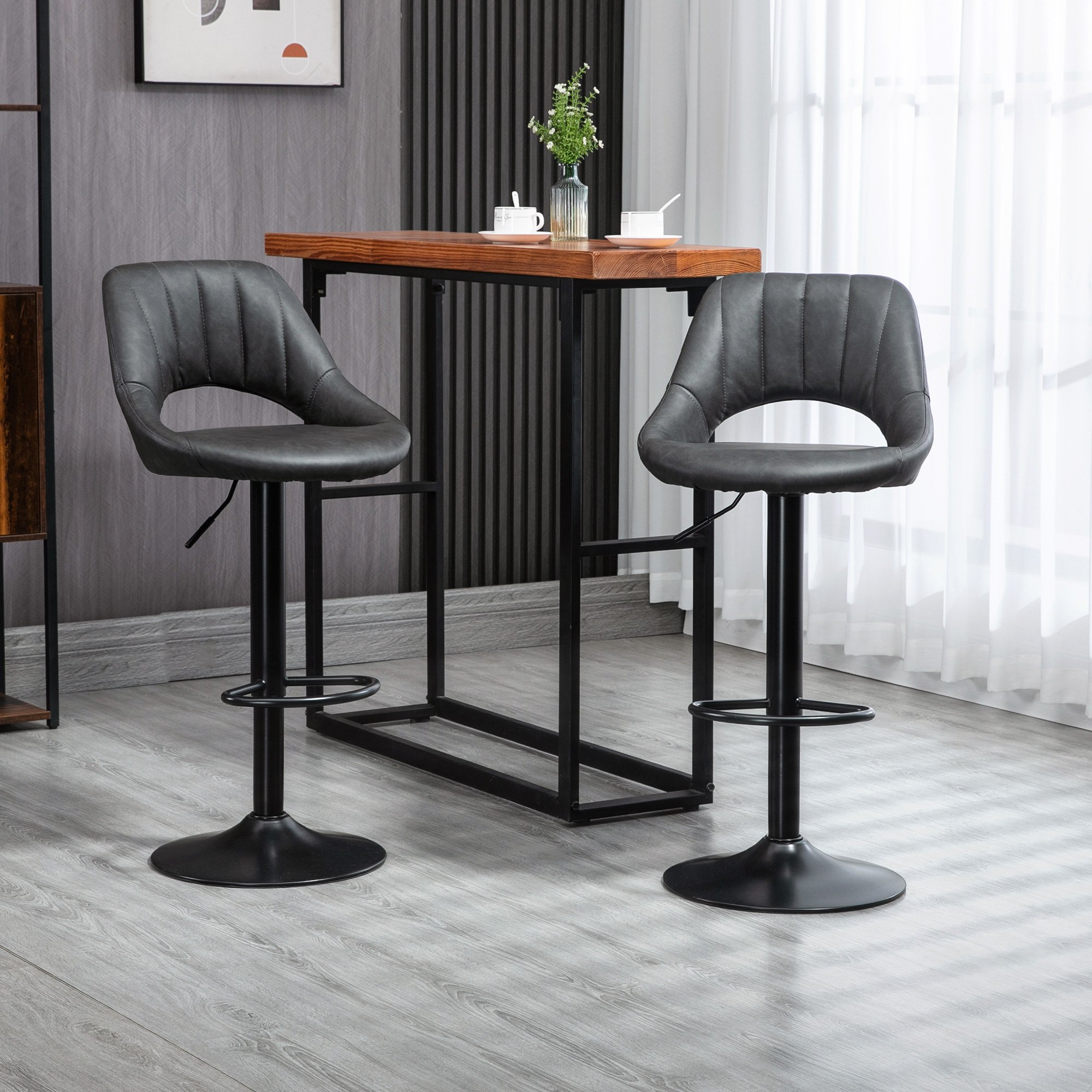 HOMCOM Set of 2 PU Leather Bar Stools with Adjustable Heigh and Footrest - Grey - Image 2