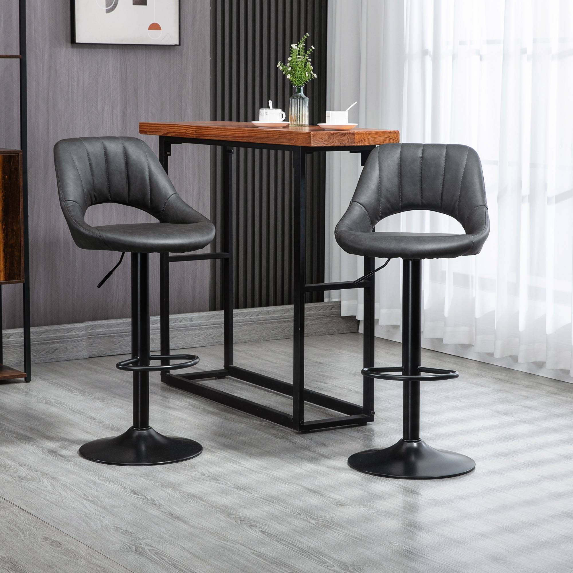 HOMCOM Set of 2 PU Leather Bar Stools with Adjustable Heigh and Footrest - Grey - Image 2