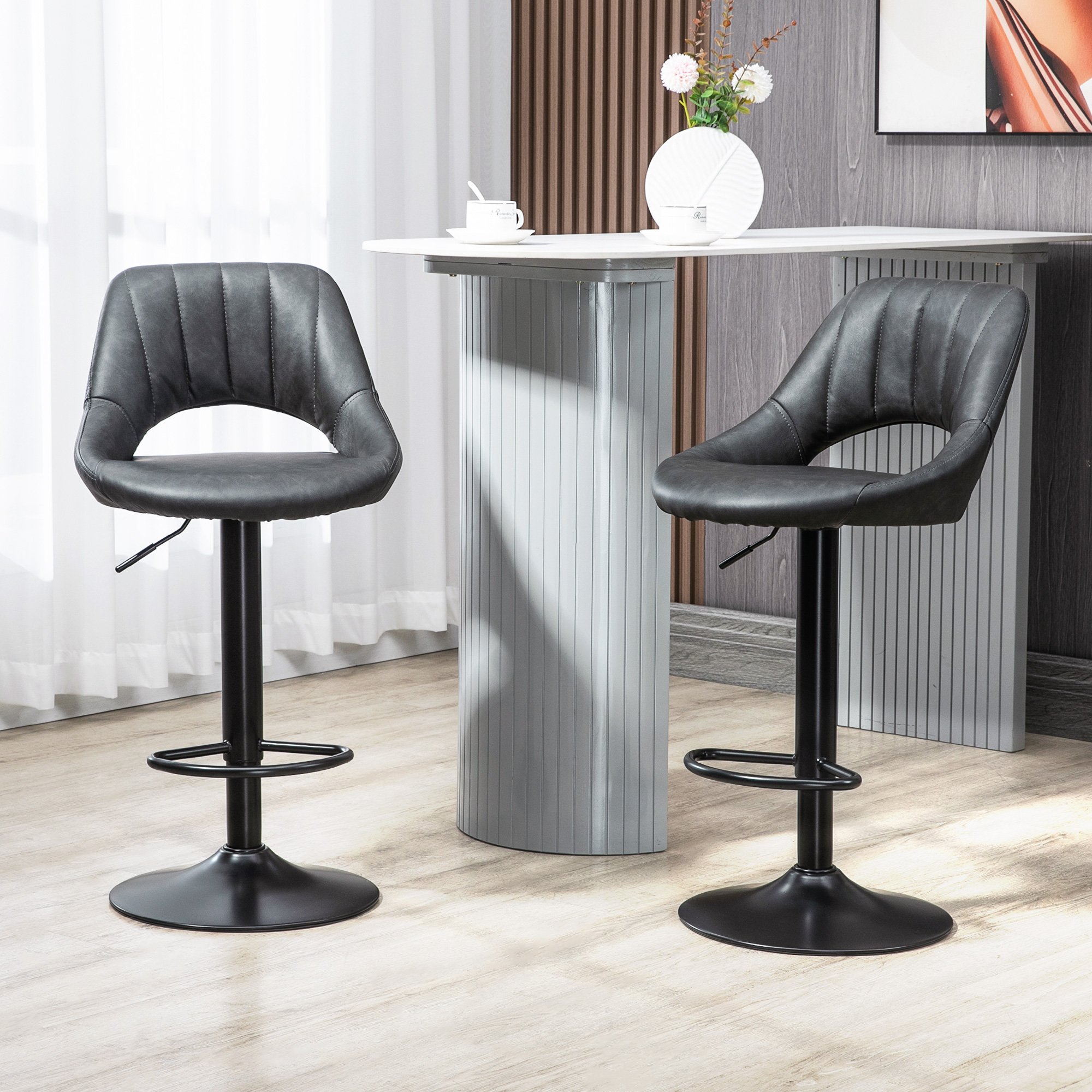 HOMCOM Set of 2 PU Leather Bar Stools with Adjustable Heigh and Footrest - Grey - Image 6