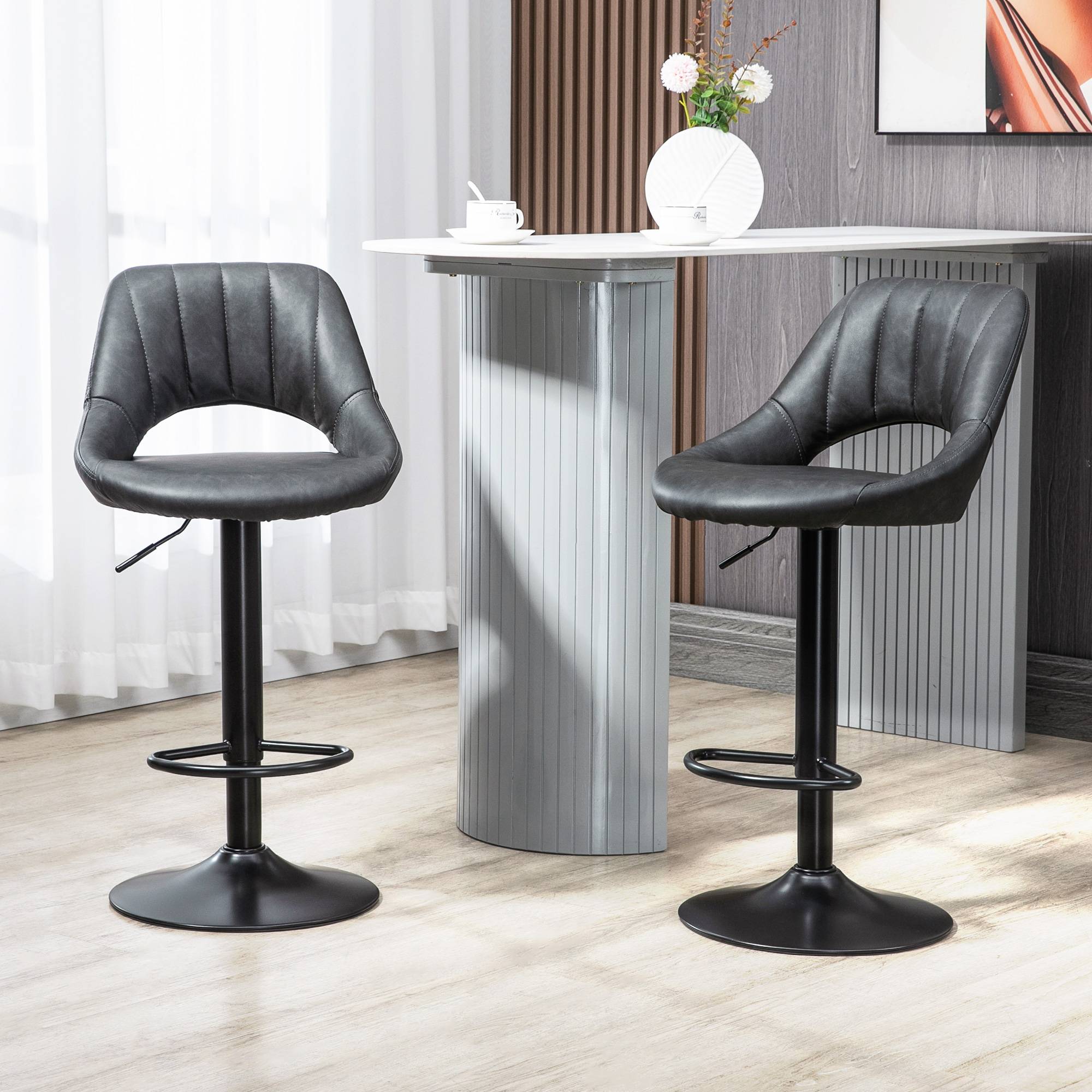 HOMCOM Set of 2 PU Leather Bar Stools with Adjustable Heigh and Footrest - Grey - Image 6