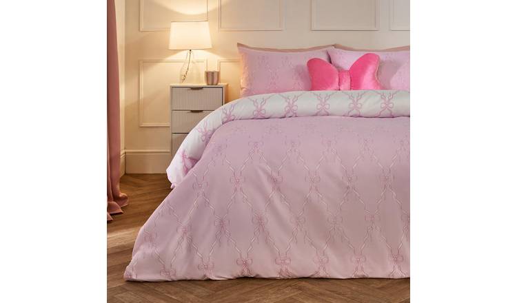 OHS Bow Lattice Microfibre Reversible Duvet Cover Set Pink/White - King