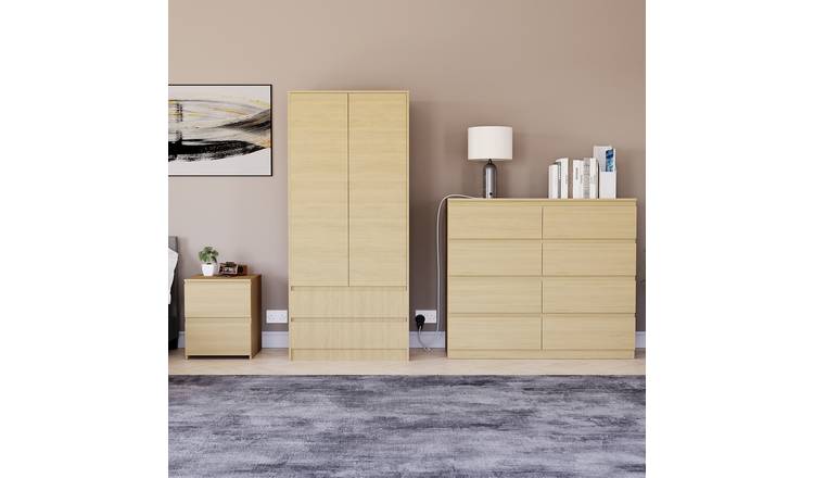 Vida Designs Denver Bedroom Set (Bedside, 8 Drawer Chest, 2x2 Wardrobe) - Pine