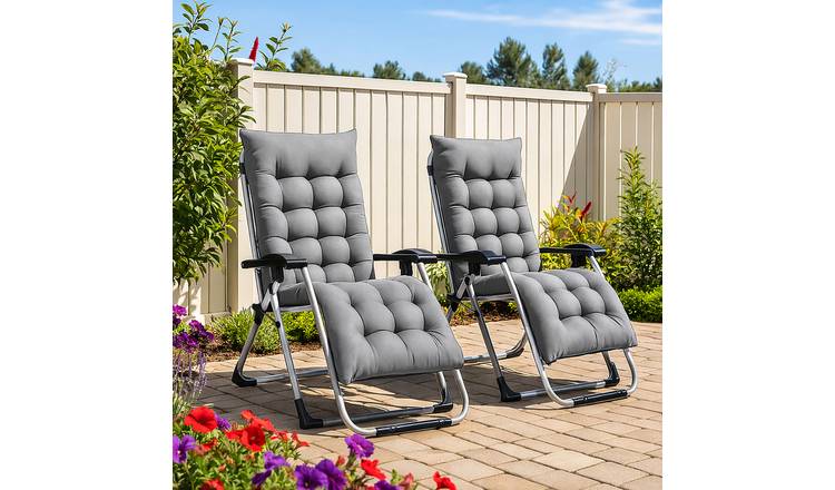 Neo Set of 2 Zero Gravity Reclining Sun Lounger Chairs with Cushions - Grey