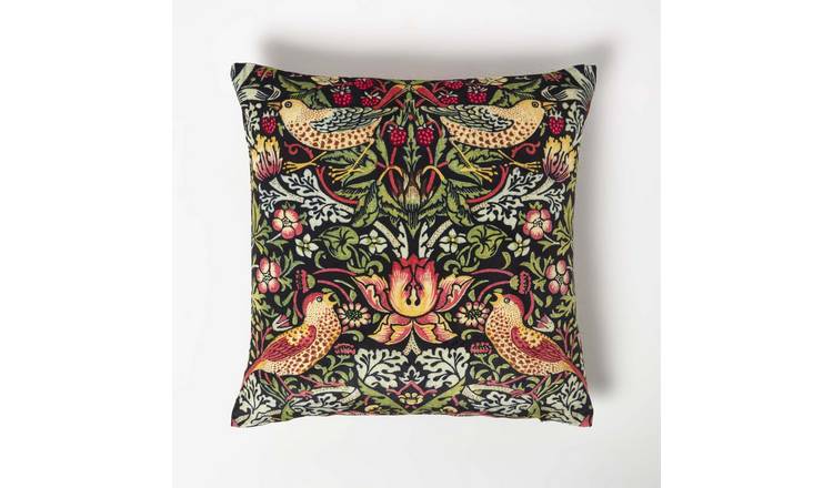 Homescapes Black William Morris Strawberry Thief Velvet Cushion