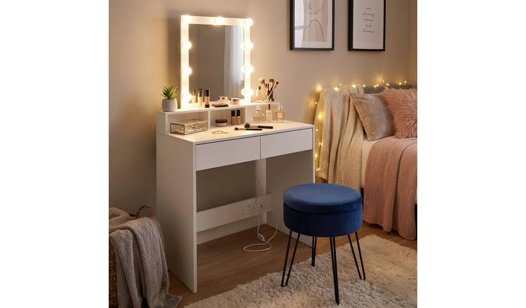 Harbour Housewares Wooden Dressing Table with LED Lights & Stool Set - Blue