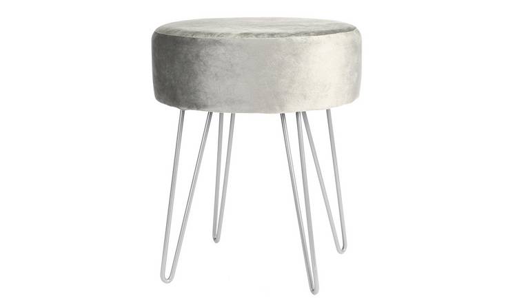 Harbour Housewares Round Velvet Footstool with Silver Legs - Grey