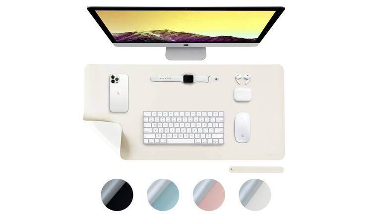 Desiretech Reversible Faux Leather Desk Mat - 43 x 89cm - Ivory & Silver