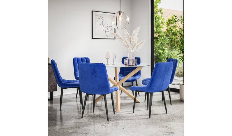Furniture Online Malvern Nova Glass Top Dining Table & 6 Blue Chairs