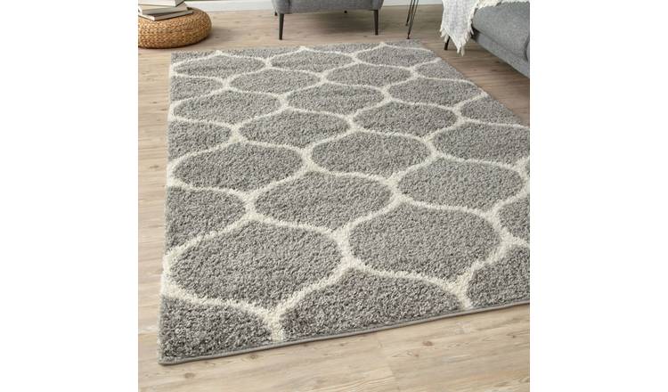 The Rugs Grey Moroccan Shaggy Trellis Rug - 140 x 200cm