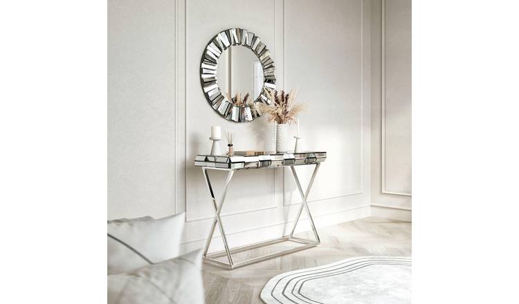 CARME Home Knightsbridge Round Mirror & Console Table Set - Grey & Silver