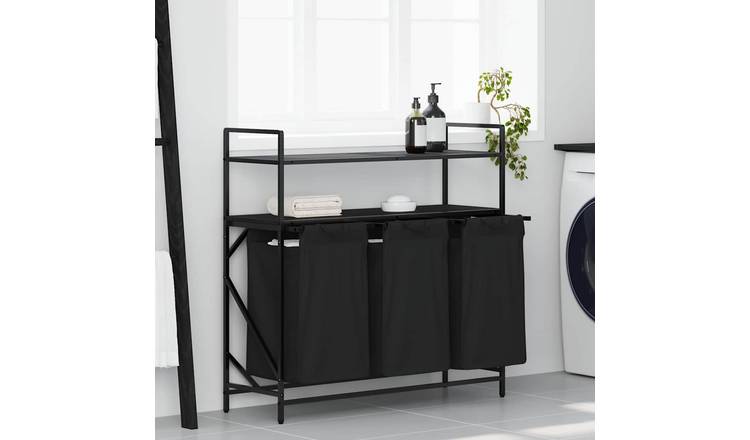 Walplus Laundry Basket 3 Compartments with Shelves - Black - 99 x 33 x 97 cm