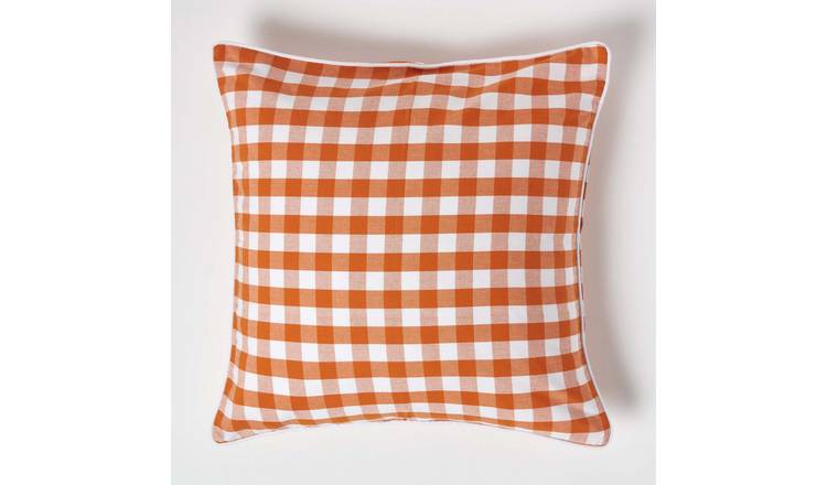 Homescapes Orange Block Check Cotton Gingham Cushion Cover - 60 x 60 cm