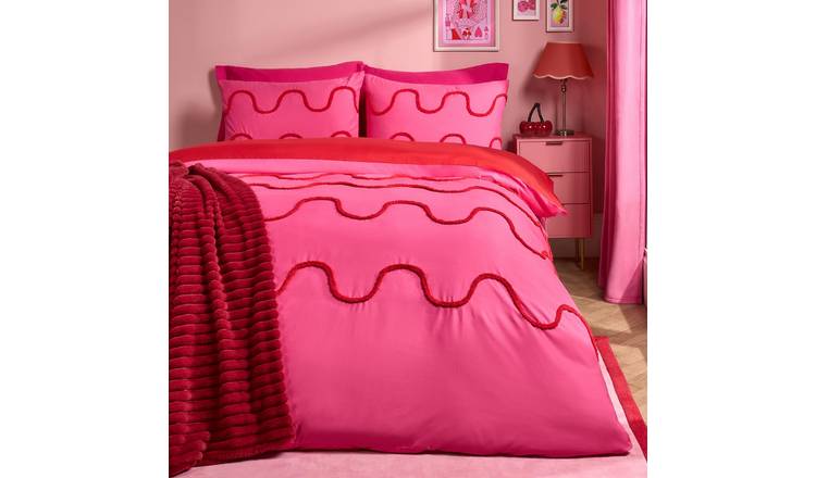 OHS Tufted Wavy Duvet Cover Set - Red/Hot Pink - King