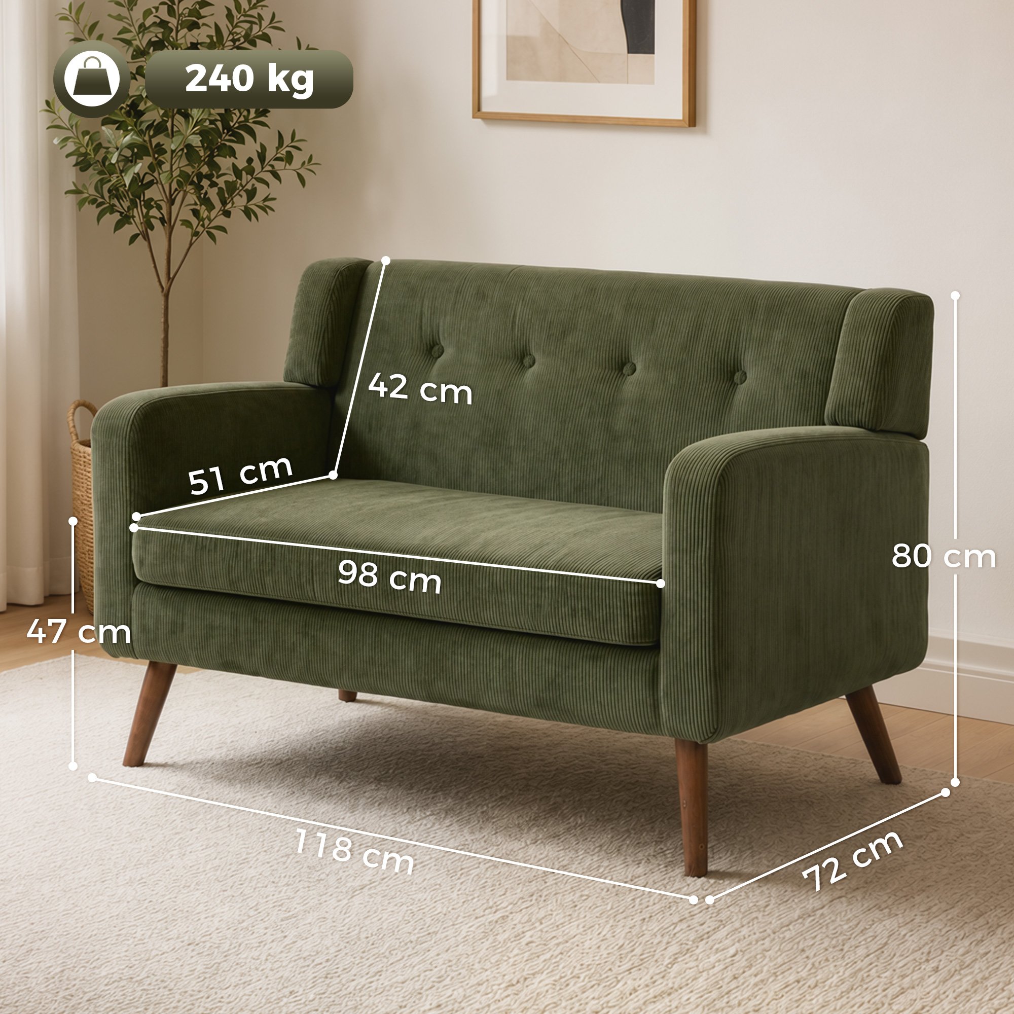 HOMCOM 2 Seater Compact Tufted Loveseat Sofa - Dark Green - Image 8