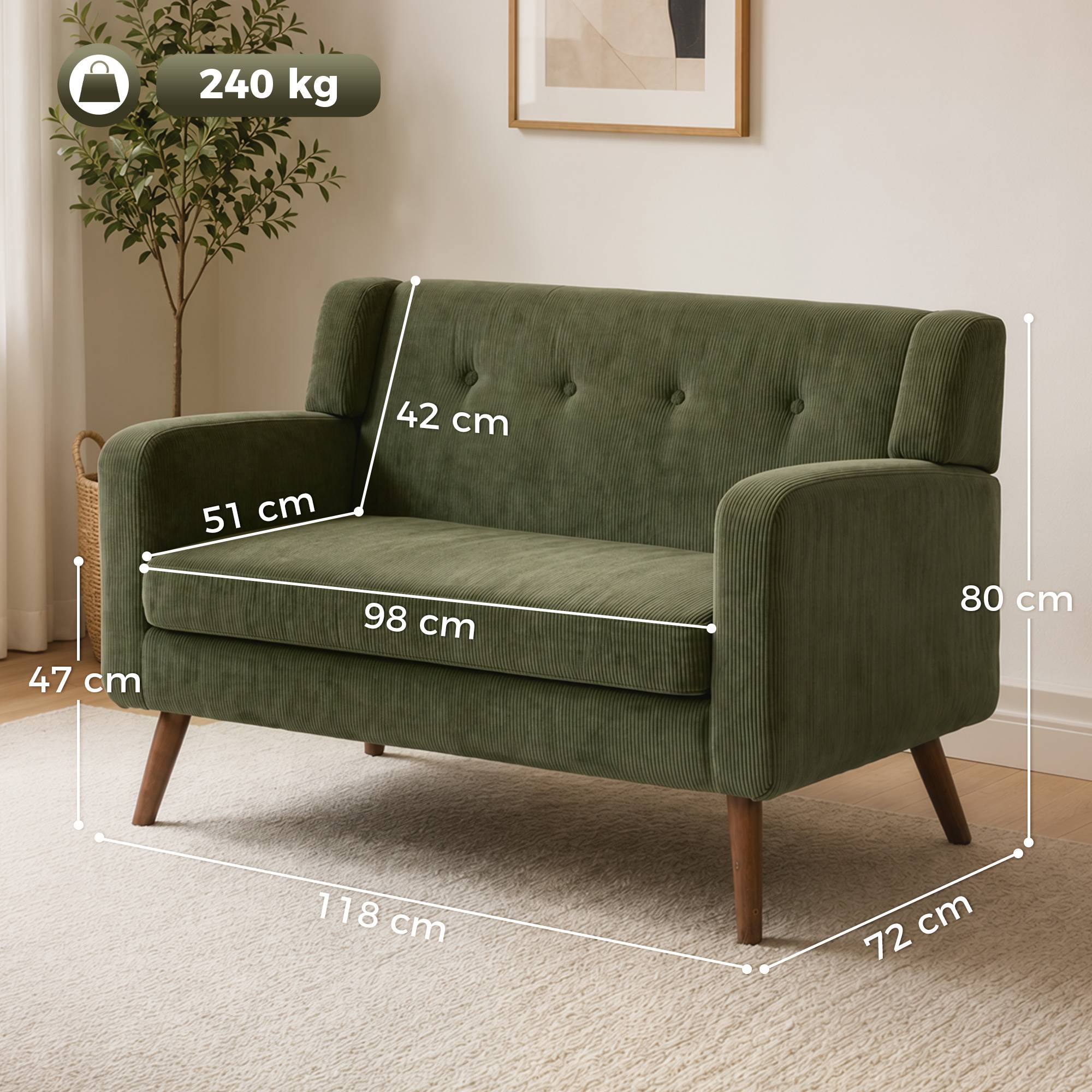 HOMCOM 2 Seater Compact Tufted Loveseat Sofa - Dark Green - Image 8