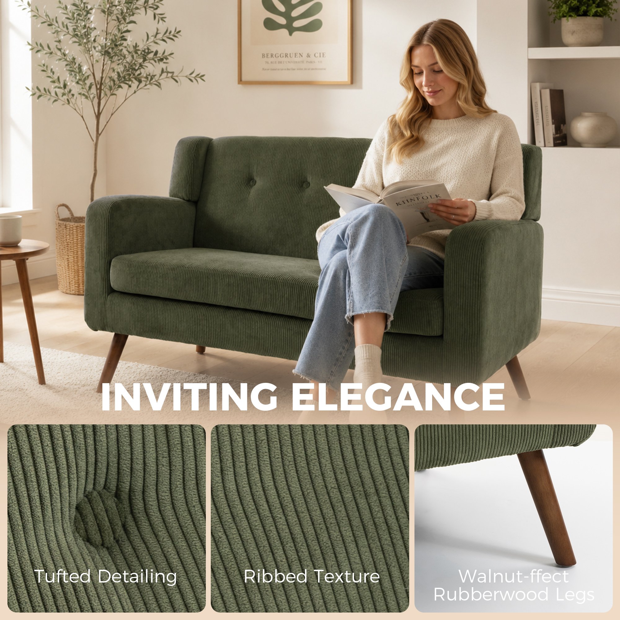 HOMCOM 2 Seater Compact Tufted Loveseat Sofa - Dark Green - Image 7