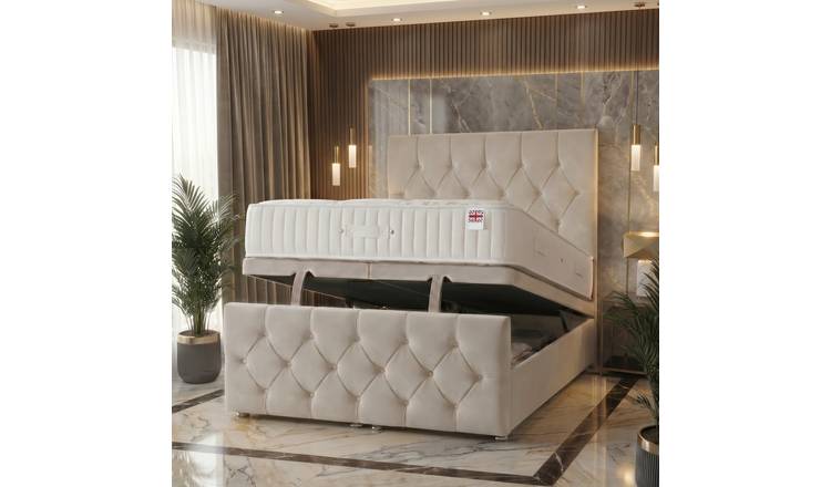 Somnior Chester Velvet Single Ottoman Bed with Ortho Mattress - Ivory