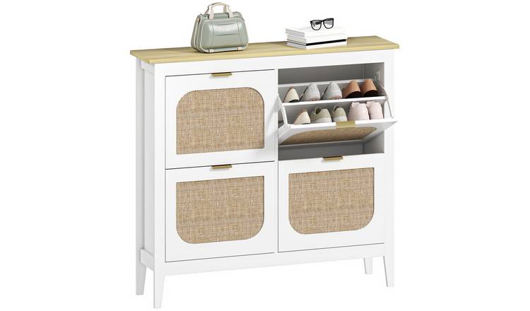 HOMCOM Rattan Storage Cabinet with 4 Flip Drawers - White