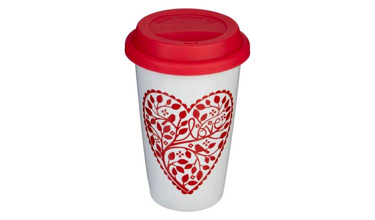 Orsina Taza Heart Design Ceramic Reusable Mug with Silicone Lid – Red and White