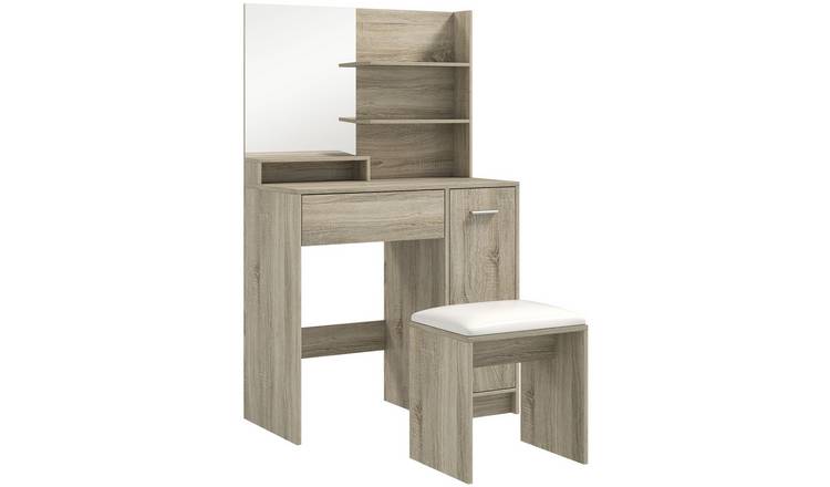 HOMCOM Dressing Table with Mirror and Stool - Natural Wood Finish