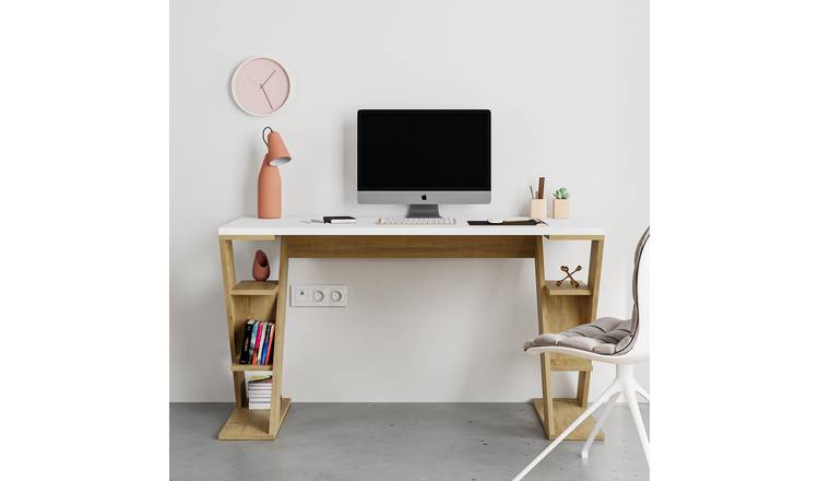 Decortie Papillon Melamine Coated Particleboard Desk - White and Oak