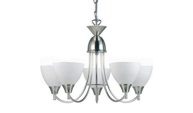 Loops Direct Steel and Glass 5-Light Pendant - Satin Chrome and Matt Opal Glass