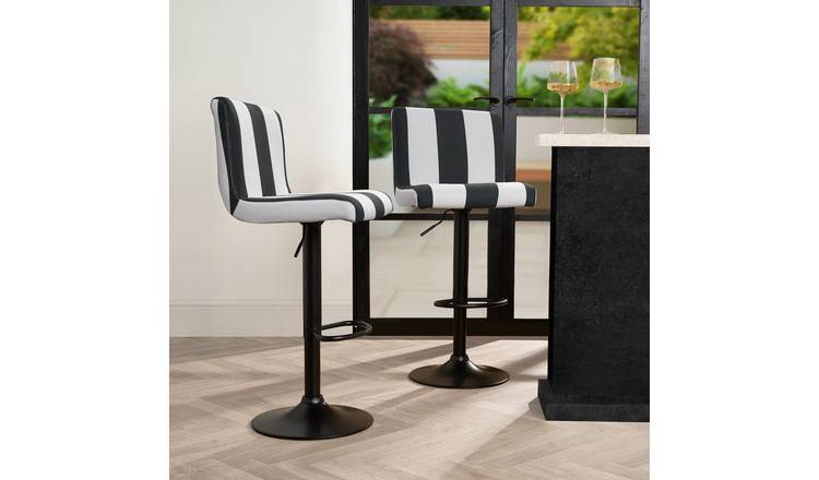 OHS Set of 2 Adjustable Striped Velvet Bar Stools - Black/White