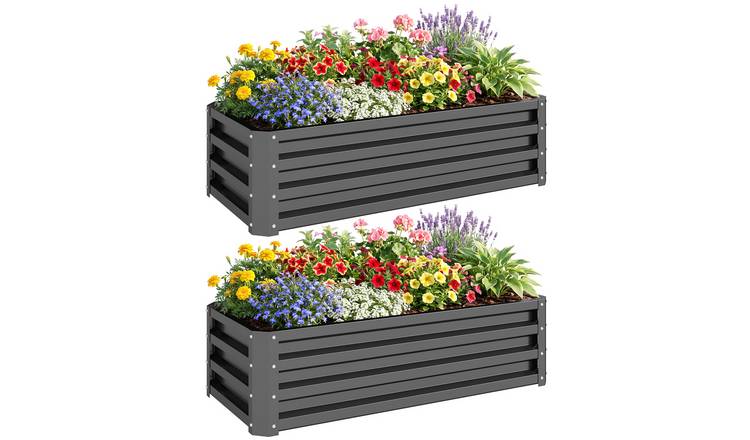 Outsunny Set of 2 Galvanised Steel Raised Garden Bed Set – Light Grey