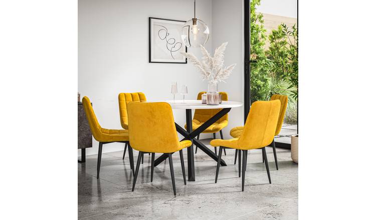 Furniture Online Malvern Nova Marble Top Dining Table & 6 Mustard Chairs
