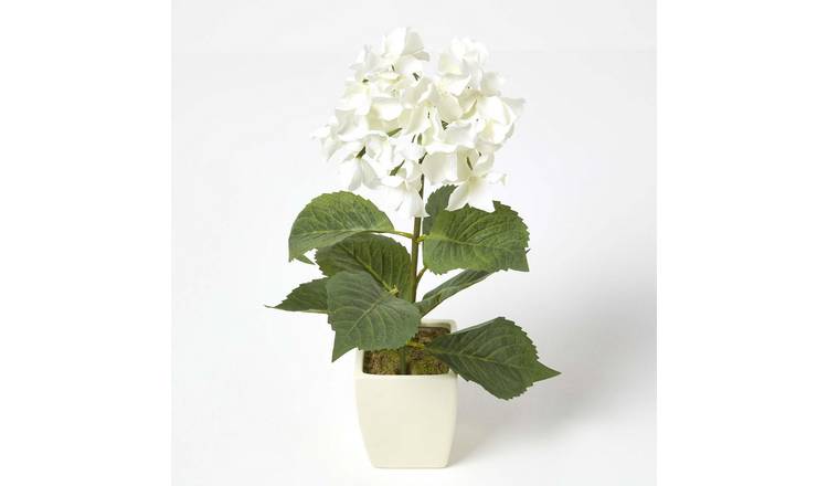 Homescapes Polyester Artificial Hydrangea Flower in Ceramic Pot - Cream