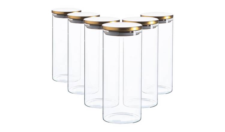 Argon Tableware Glass Storage Jars with Metal Lids - Gold - Set of 6