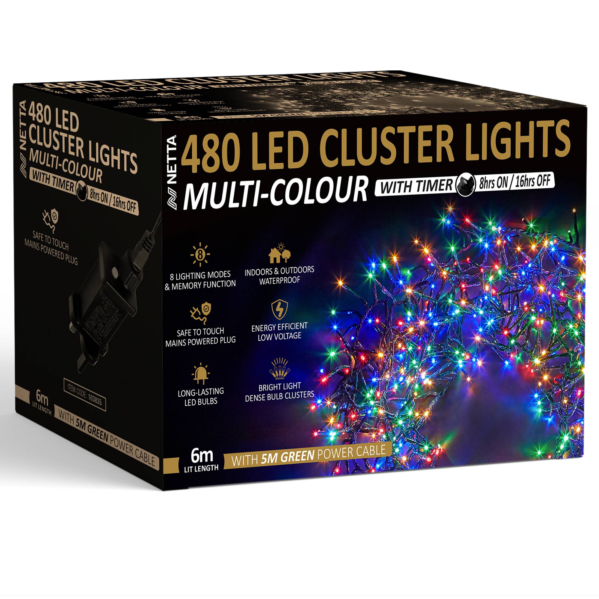 NETTA 480 LED 6m Christmas Cluster String Lights with Timer - Multicolour - Image 1