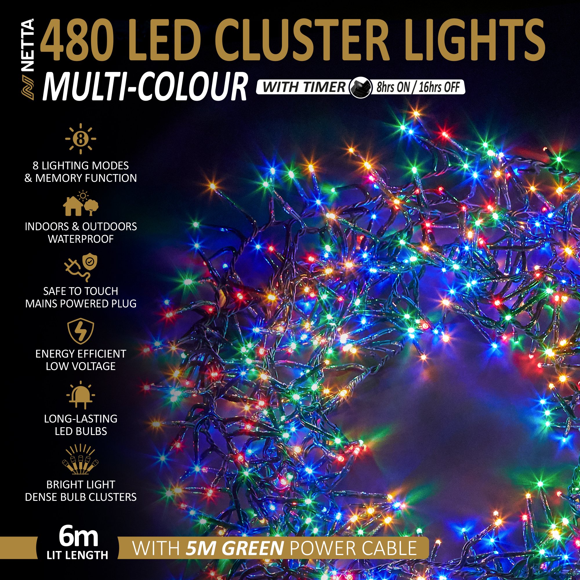 NETTA 480 LED 6m Christmas Cluster String Lights with Timer - Multicolour - Image 2