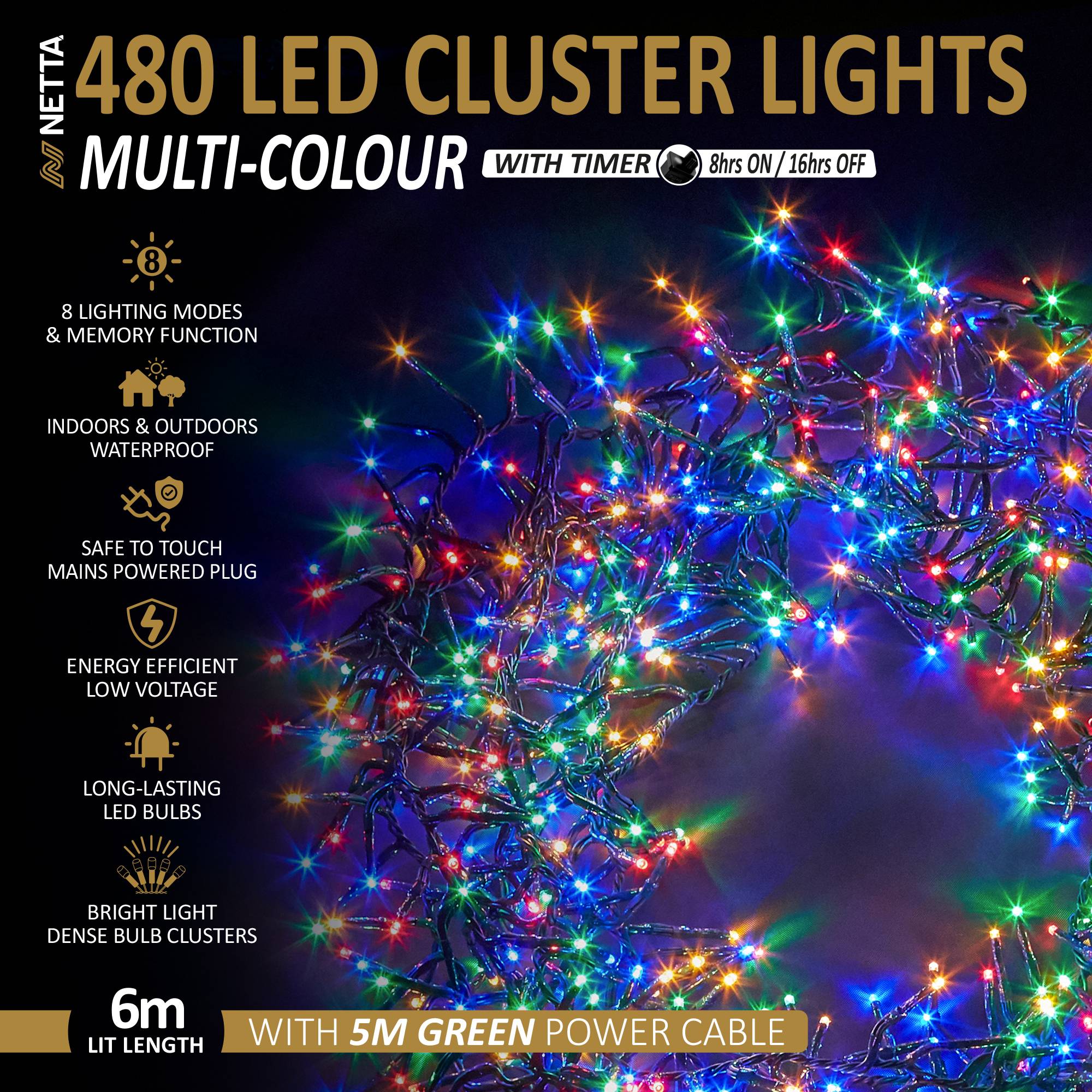 NETTA 480 LED 6m Christmas Cluster String Lights with Timer - Multicolour - Image 2