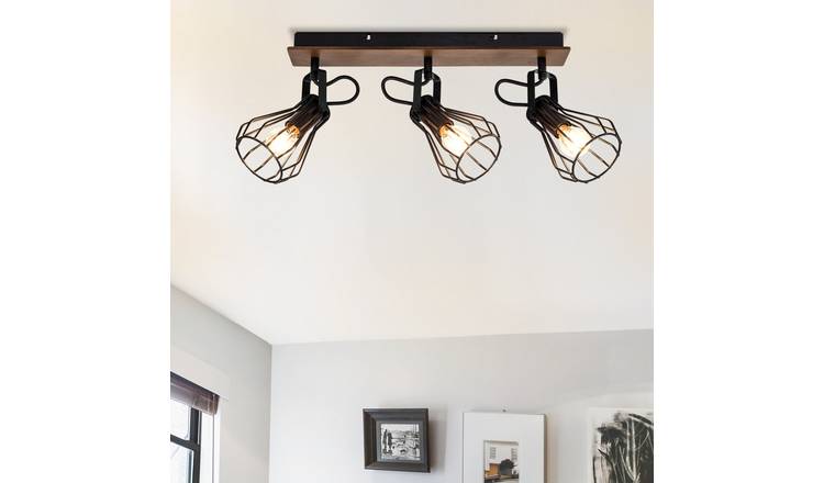 Cosylyte Kendan 3 Light Matt Black Wire Shade Spotlight with Wooden Backplate