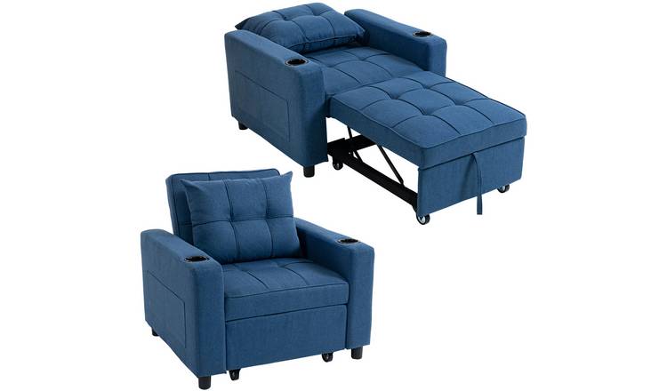 HOMCOM 3 in 1 Fabric Adjustable Sofa Bed with Cup Holder - Blue