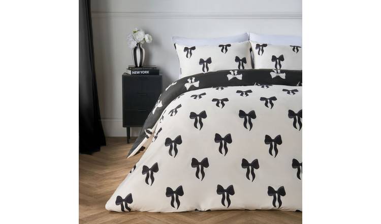 OHS Bow Print Microfibre Reversible Duvet Cover Set - Mono - King