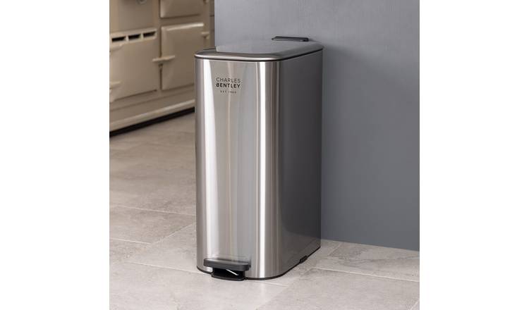Charles Bentley 30L Slimline Rectangular Kitchen Pedal Bin - Silver