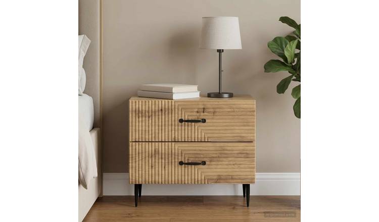 Walplus 2 Drawer Bedside Cabinet Metal Legs - Artisan Oak - 62 x 34.5 x 47.5 cm