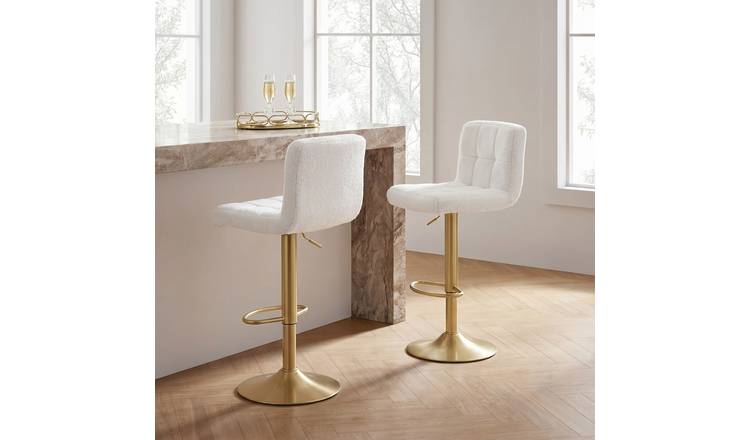 OHS Set of 2 Adjustable Bouclé Bar Stools - Cream/Gold